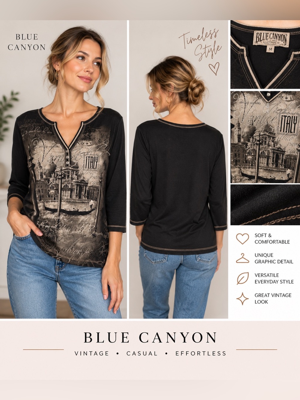 Blue Canyon Clothing Venice Italy Black Shirt